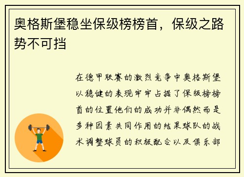 奥格斯堡稳坐保级榜榜首,保级之路势不可挡