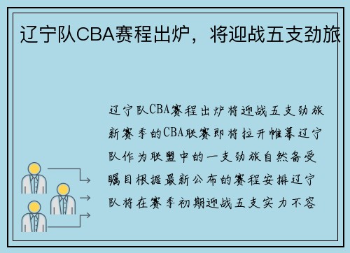 辽宁队CBA赛程出炉,将迎战五支劲旅