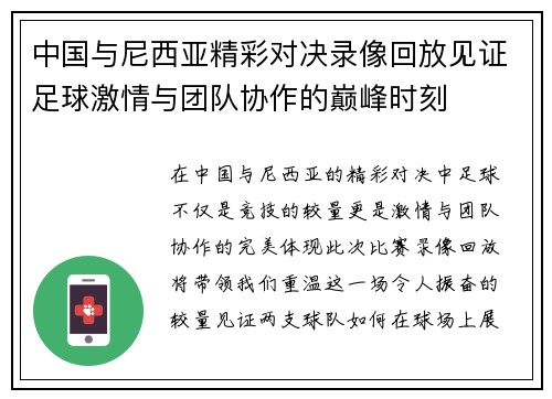 中国与尼西亚精彩对决录像回放见证足球激情与团队协作的巅峰时刻