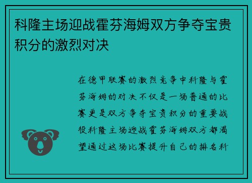 科隆主场迎战霍芬海姆双方争夺宝贵积分的激烈对决