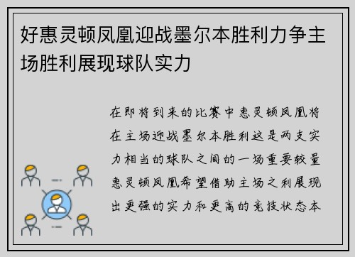 好惠灵顿凤凰迎战墨尔本胜利力争主场胜利展现球队实力
