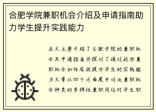 合肥学院兼职机会介绍及申请指南助力学生提升实践能力