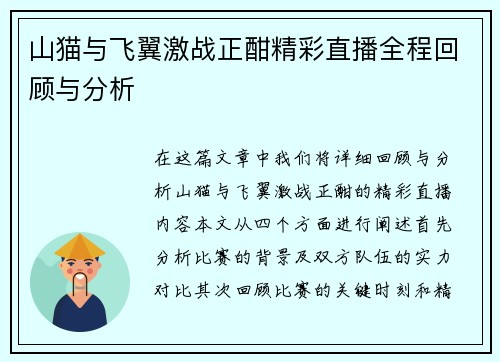 山猫与飞翼激战正酣精彩直播全程回顾与分析