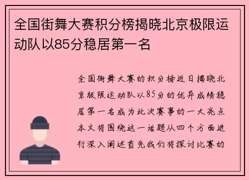 全国街舞大赛积分榜揭晓北京极限运动队以85分稳居第一名