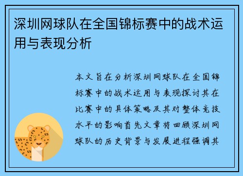 深圳网球队在全国锦标赛中的战术运用与表现分析