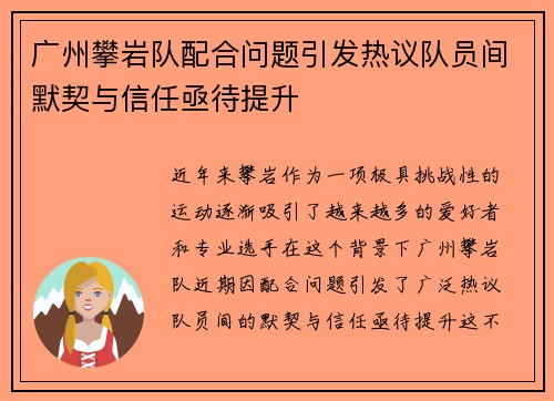 广州攀岩队配合问题引发热议队员间默契与信任亟待提升